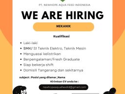 Dibutuhkan Mekanik di PT Newhope Aqua Feed Indonesia