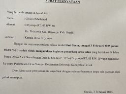 Kades Driyorejo Bikin Surat Pernyataan Imbas Pungli Portal Jalan