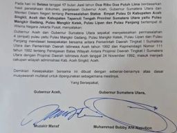 Surat Kesepakatan antara Pemerintah Aceh dan Sumatera Utara Terkait 4 Pulau