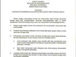 Surat Menteri Ketenagakerjaan Tentang Larangan Diskriminasi Dalam Proses Rekrutmen Tenaga Kerja