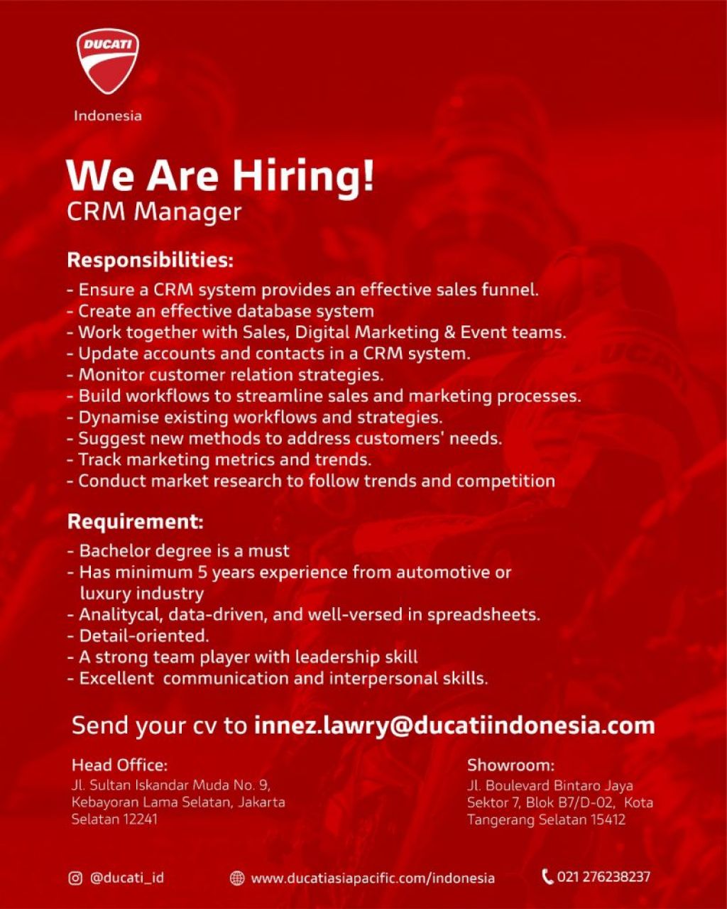 Ducati Indonesia buka lowongan