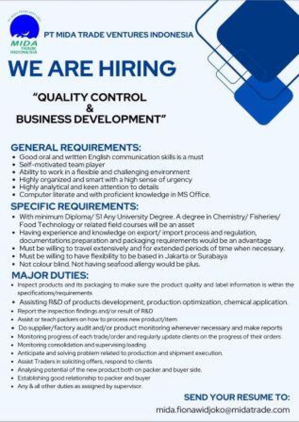 Lowongan kerja di PT Mida Trade Ventures Indonesia