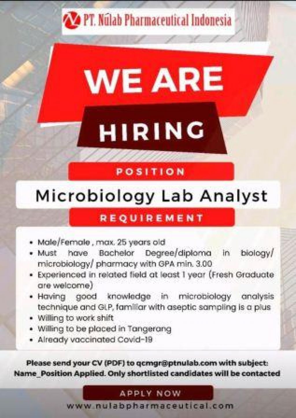 Lowongan kerja di PT Nulab Pharmaceutical Indonesia