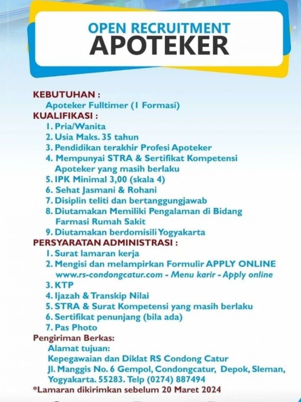 Lowongan Apoteker di RS Condong Catur