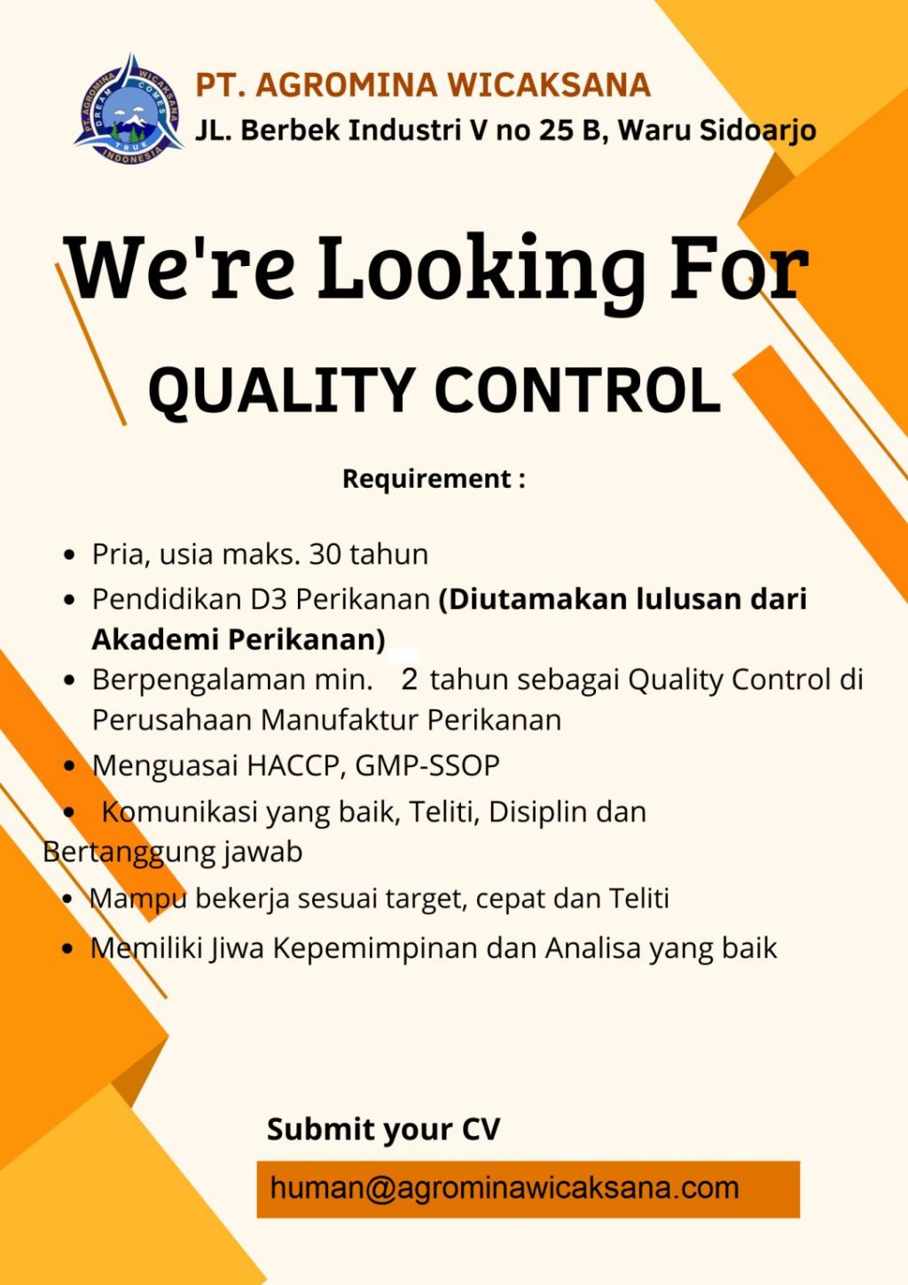 Lowongan kerja di PT Agromina Wicaksana