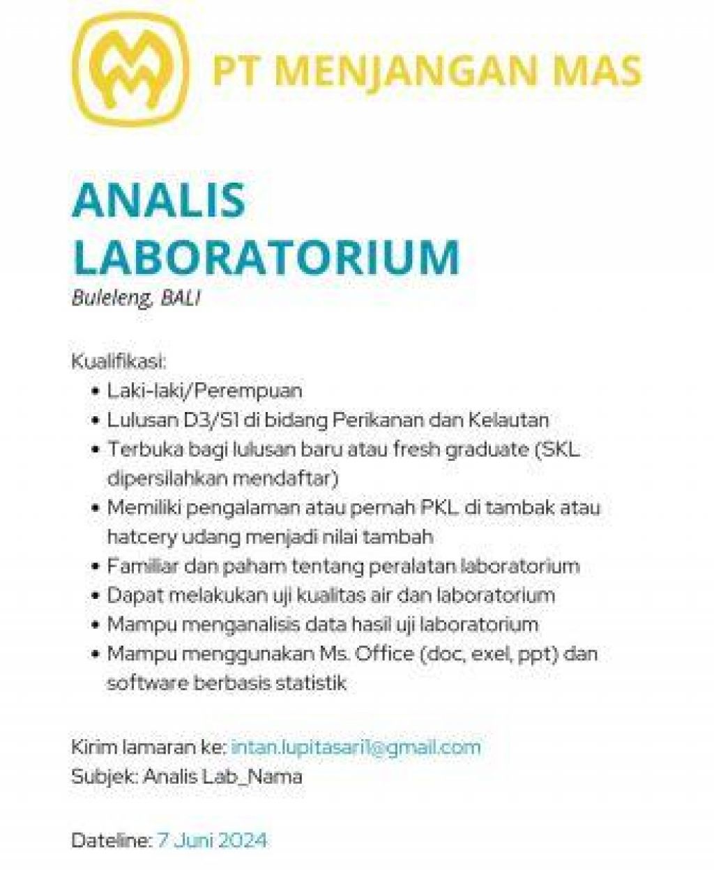 Lowongan kerja di PT Menjangan Mas