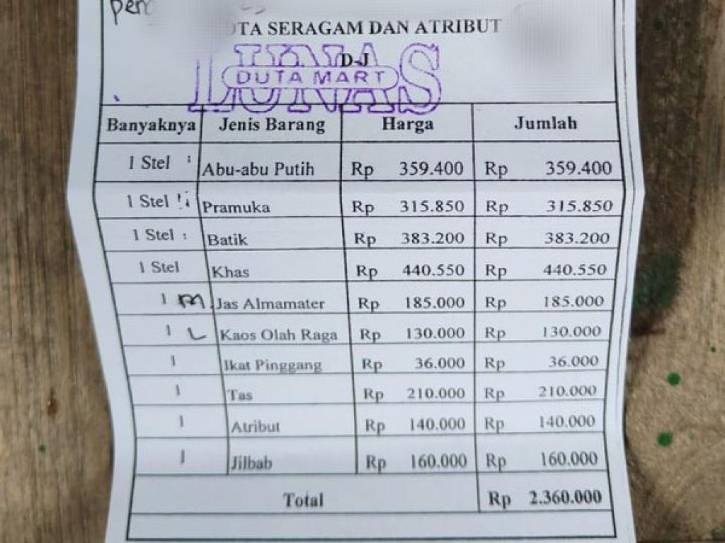 Rincian penarikan uang seragam di SMAN 1 Kedungwaru