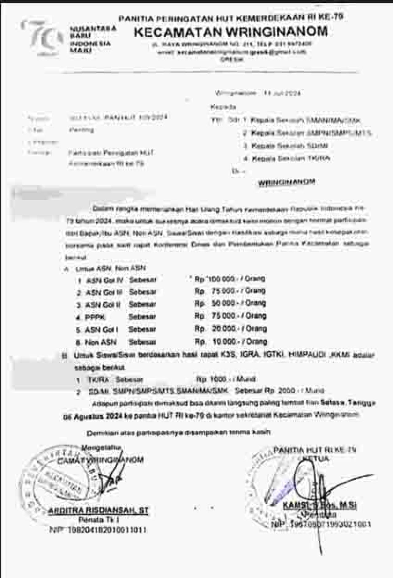 Surat edaran iuran dari Panitia HUT RI Kecamatan Wringinanom