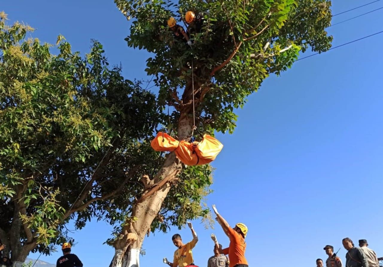 Petugas BPBD sedang mengevakuasi jenazah korban