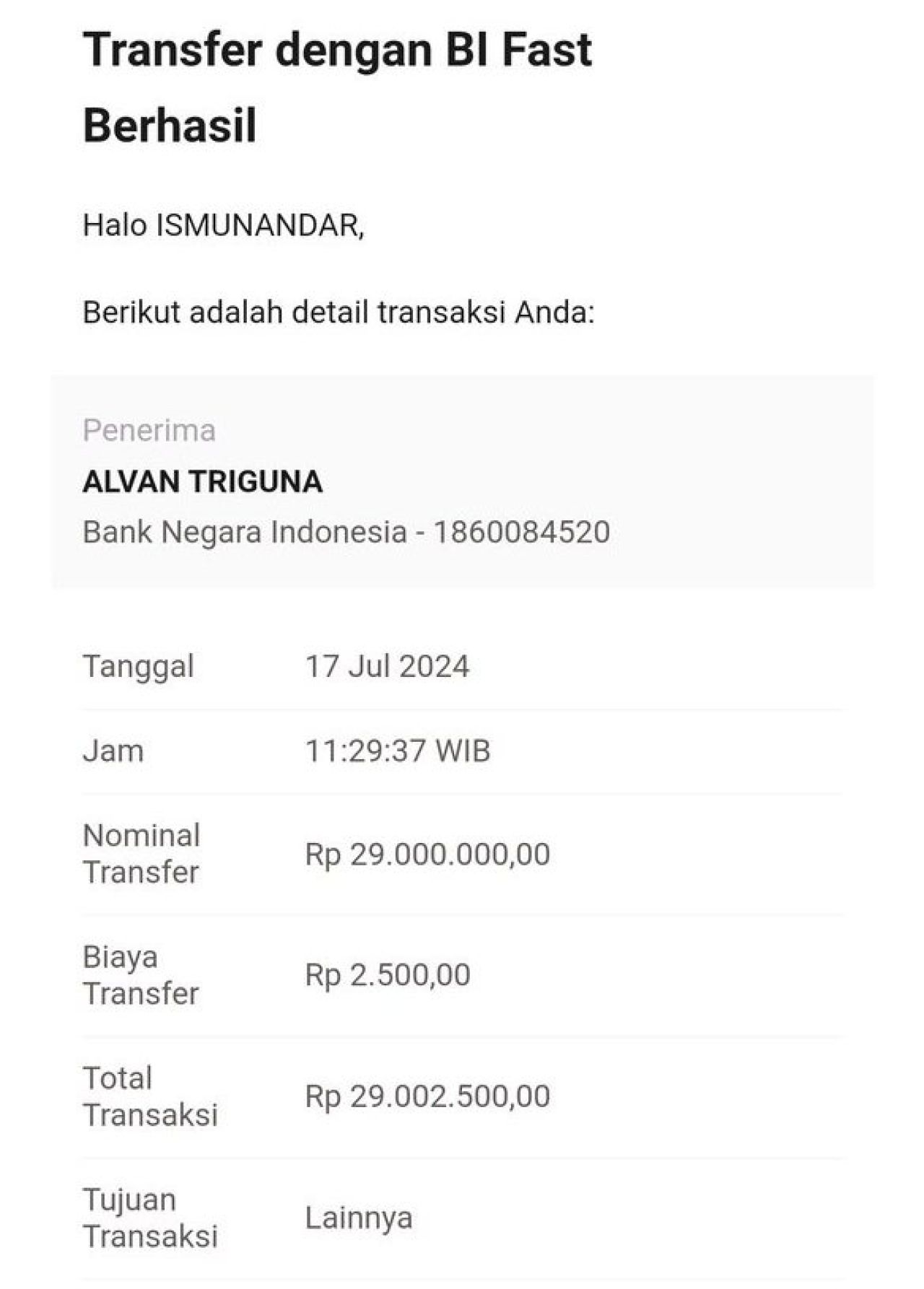 Bukti transfer dari rekening yang berkurang