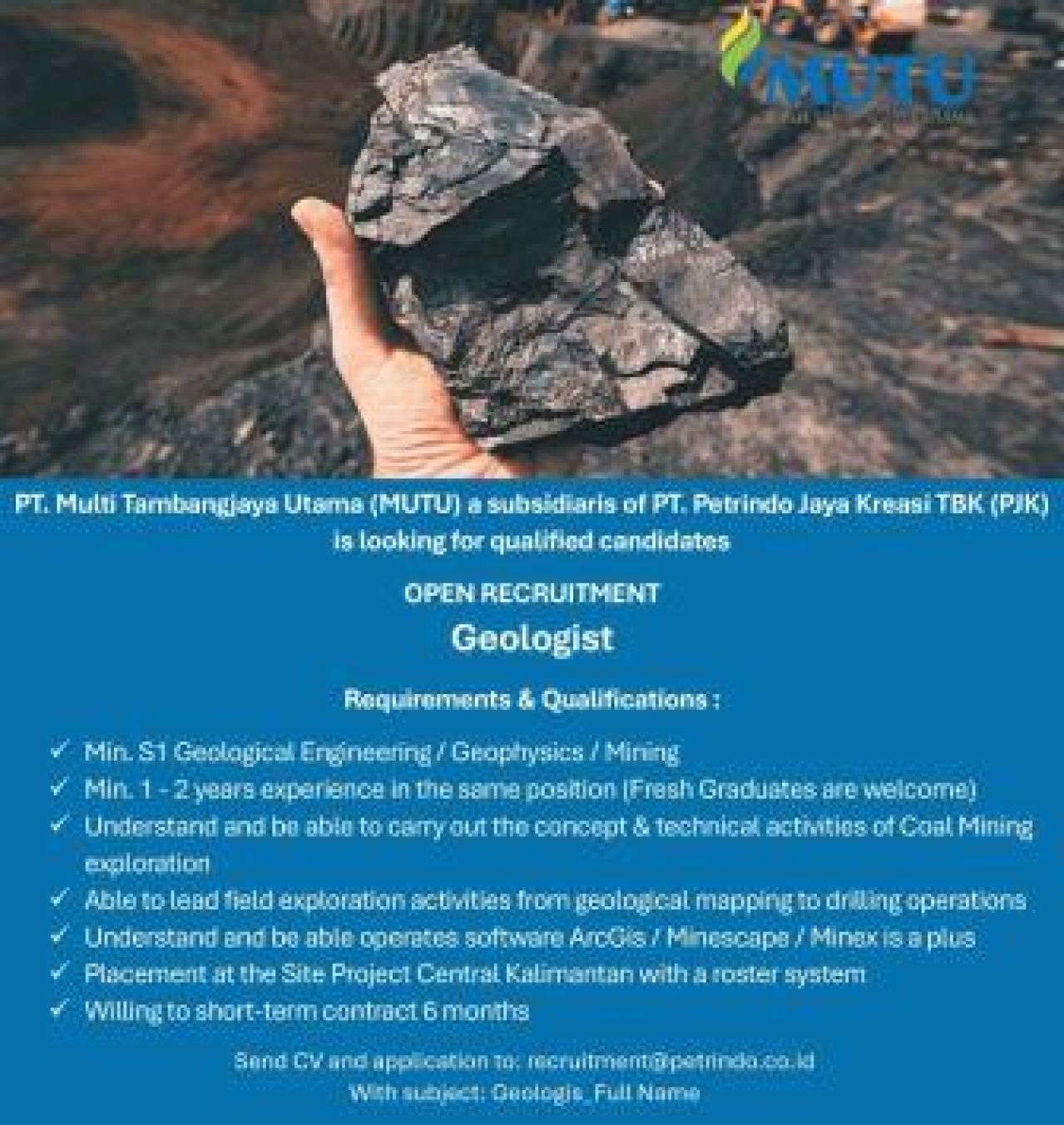 PT Multi Tambangjaya Utama Open Recruitmen Geologist