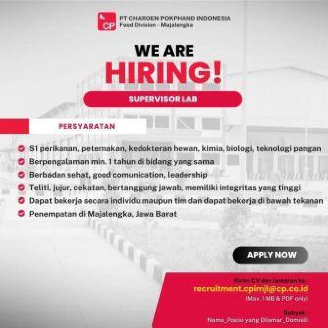 Lowongan kerja di PT Charoen Pokhpand Indonesia