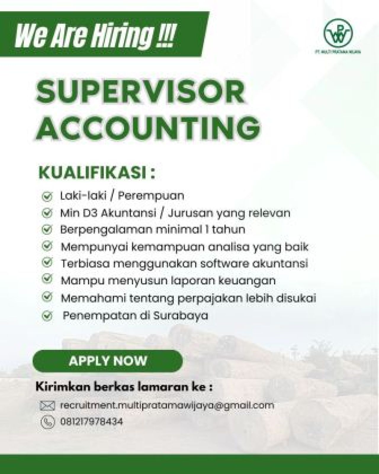 PT Multi Pratama Wijaya Butuh Tenaga Supervisor Accounting