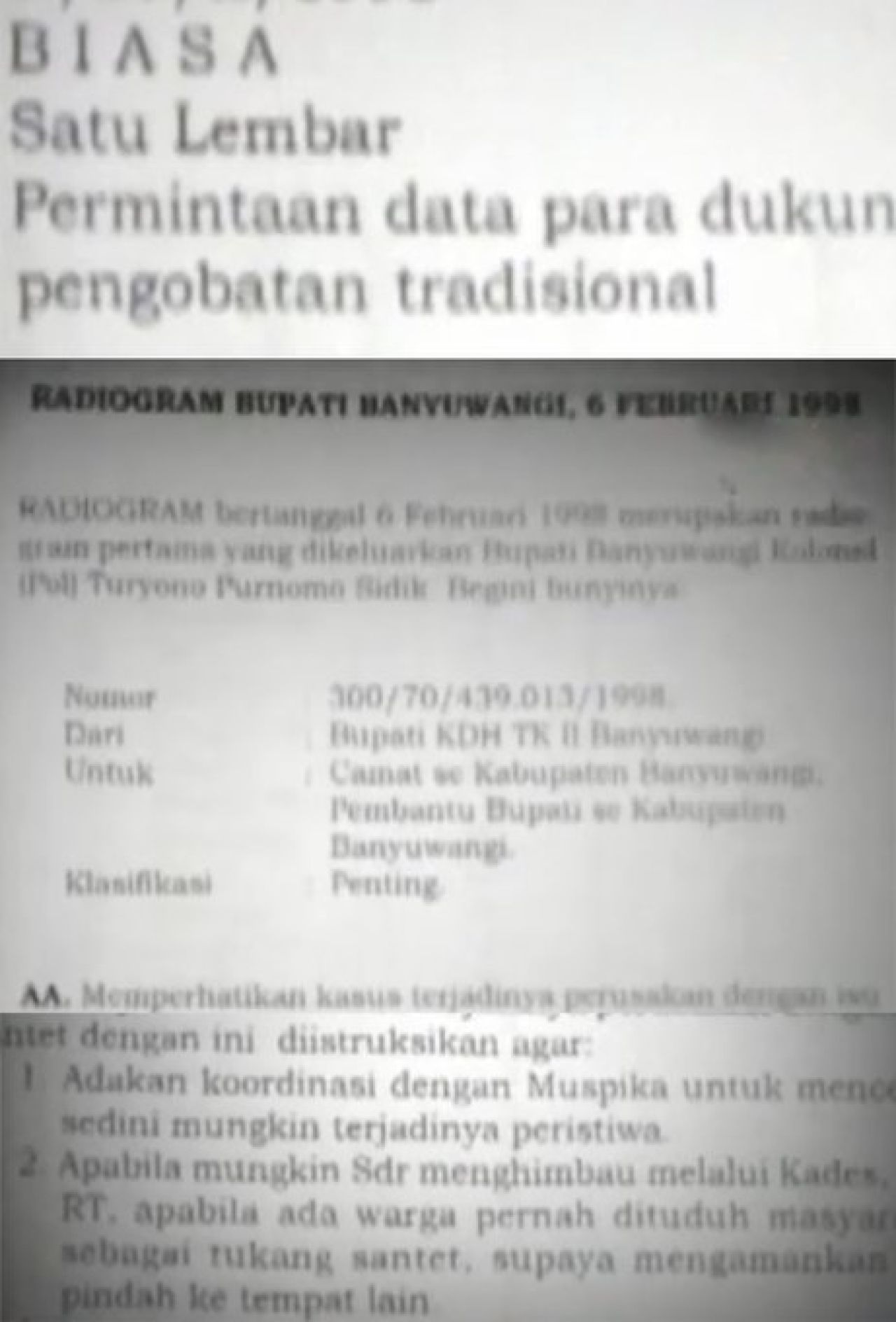 Radiogram yang dikeluarkan Kolonel Polisi (Purn) HT. Purnomo Sidik