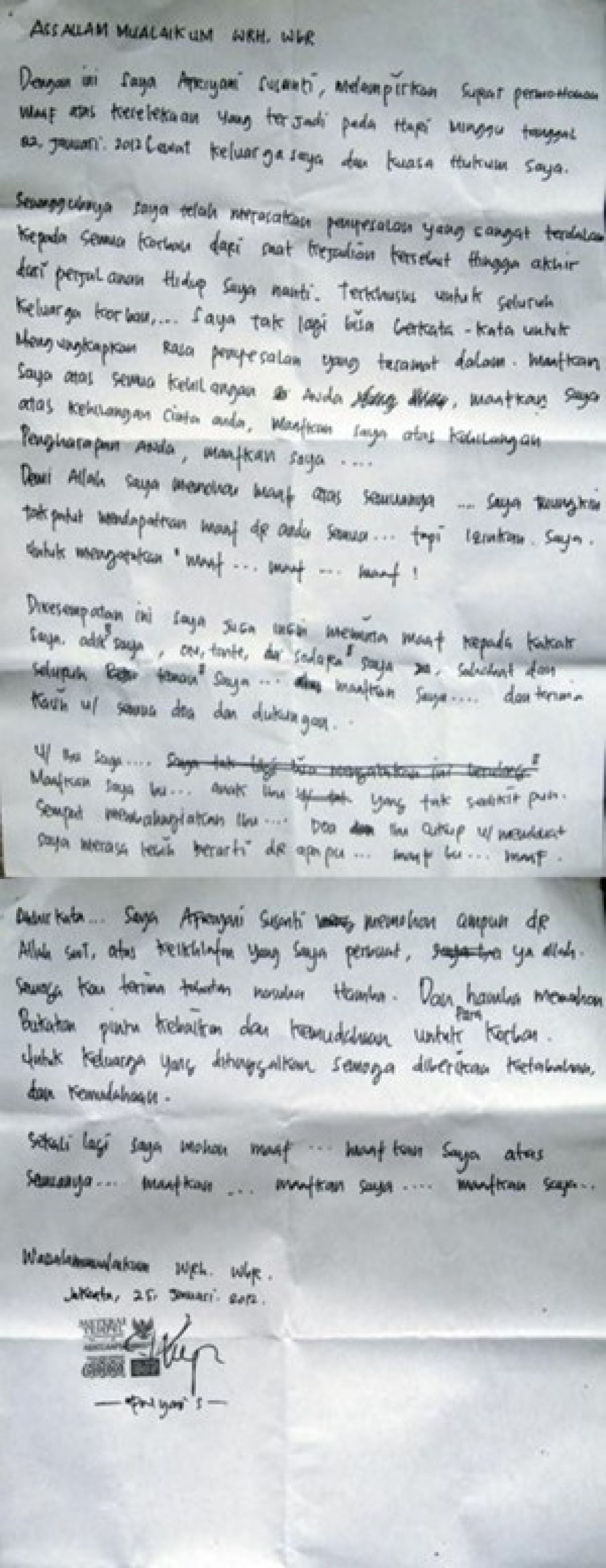 Surat permintaan maaf Afriyani.