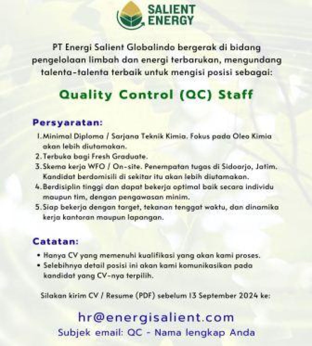Lowongan sebagai Quality Control Staff di Kabupaten Sidoarjo