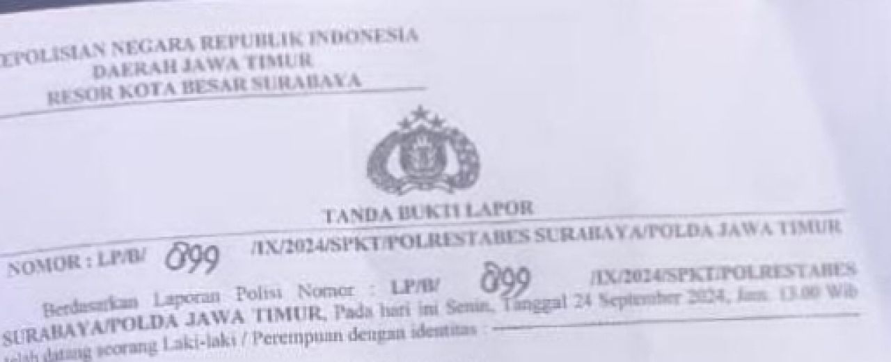 Bukti lapor ke SPKT Polrestabes Surabaya