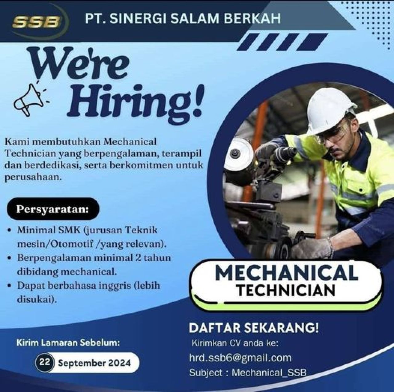 PT Sinergi Salam Berkah Buka Lowongan Mechanical Technician