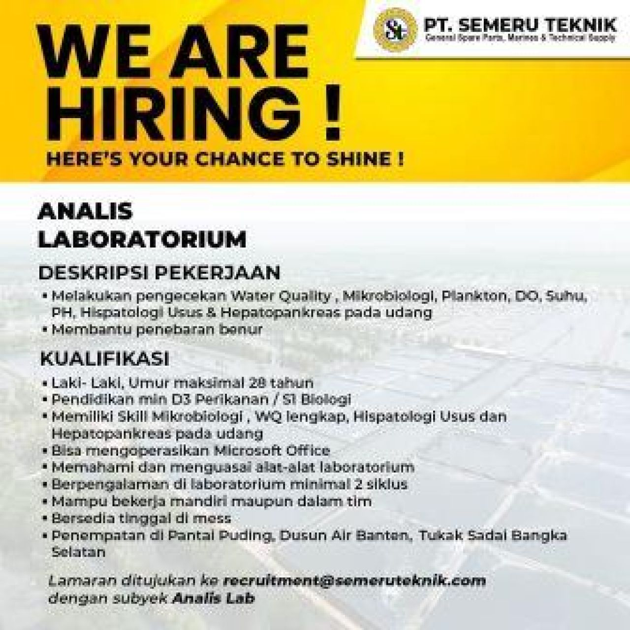 PT Semeru Teknik Buka Lowongan Bagi D3 Perikanan