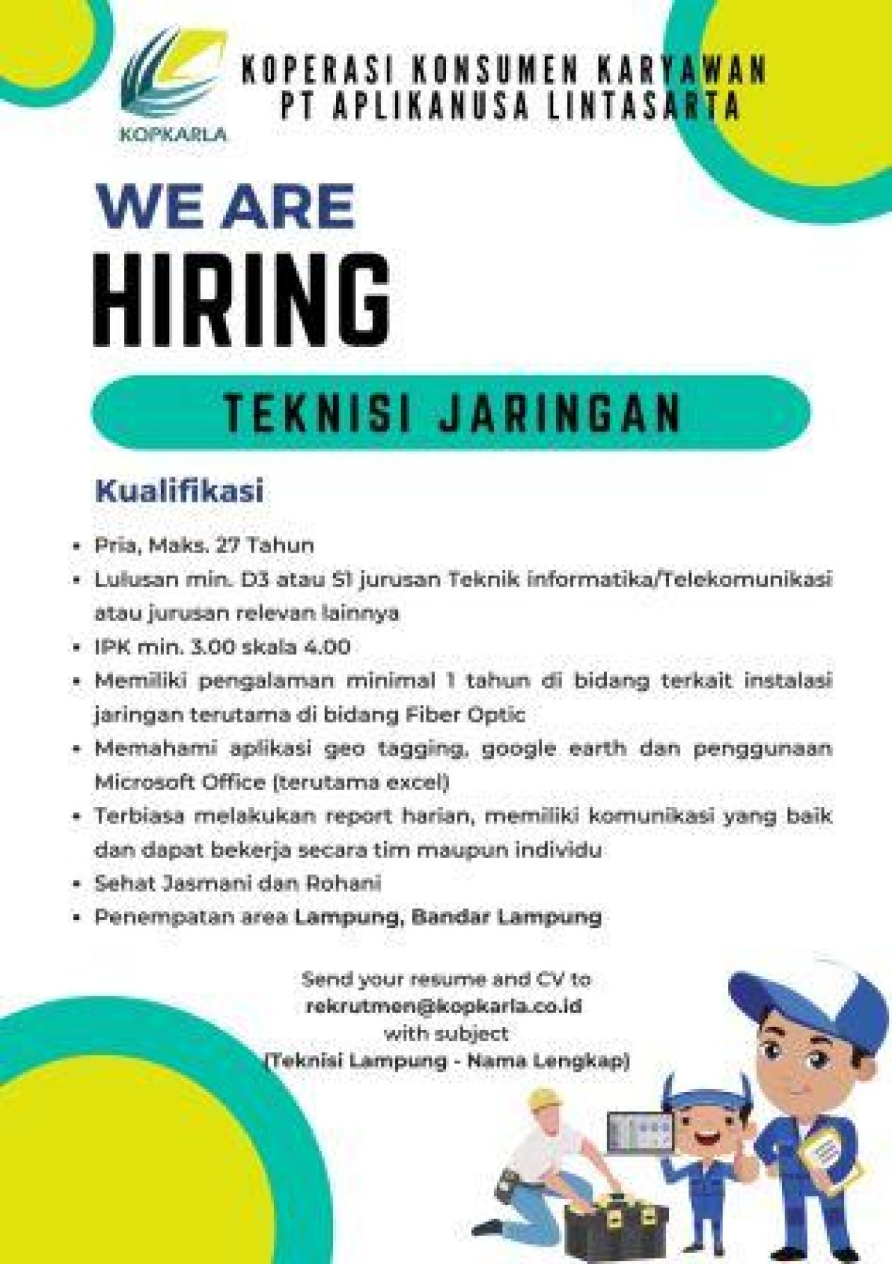 Kopkarla Membuka Lowongan Teknisi Jaringan
