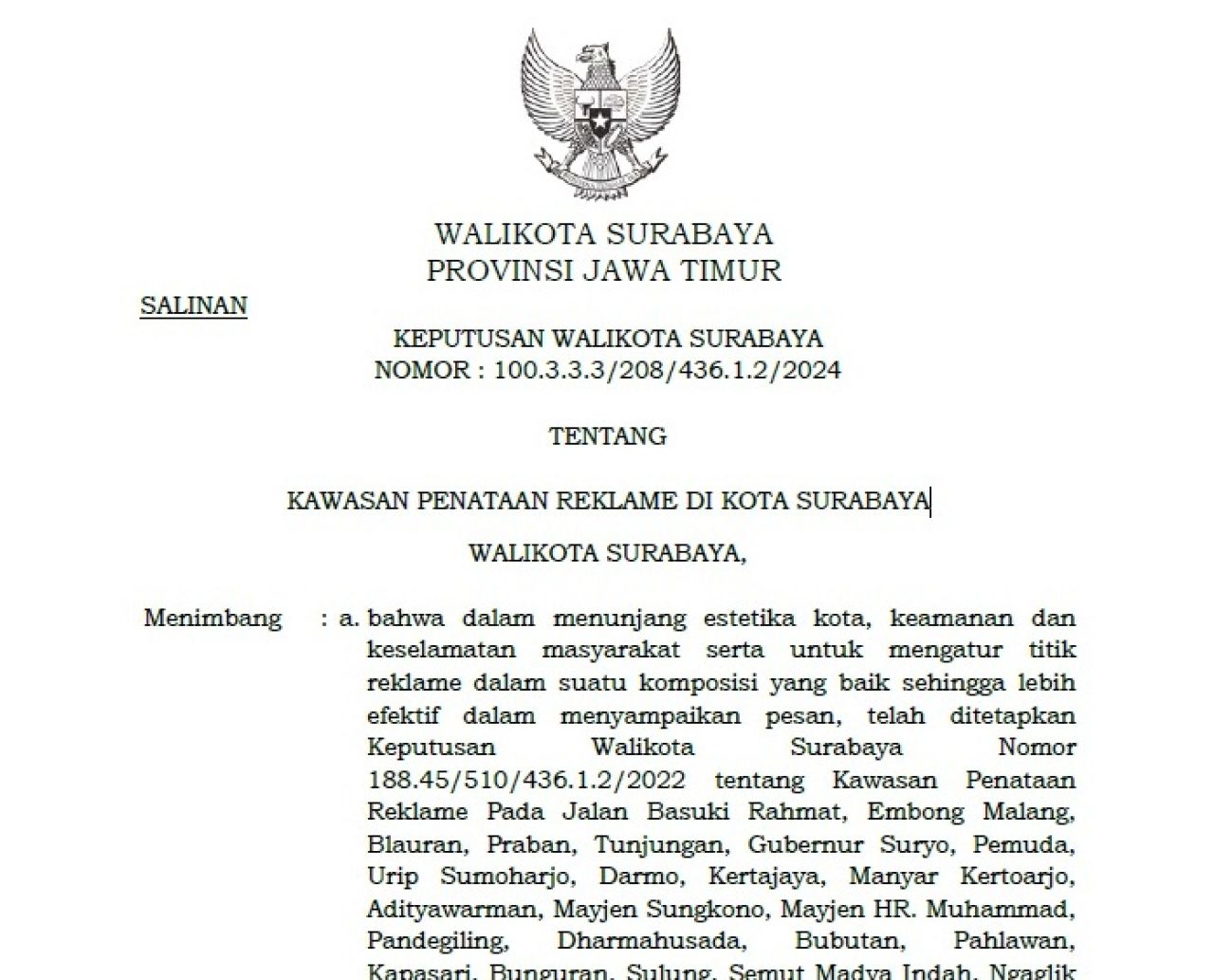 Keputusan Walikota Surabaya nomor 100.3.3.3/208/436.1.2/2024