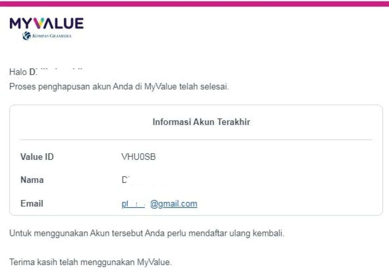 Email dari MyValue tentang penghapusan akun