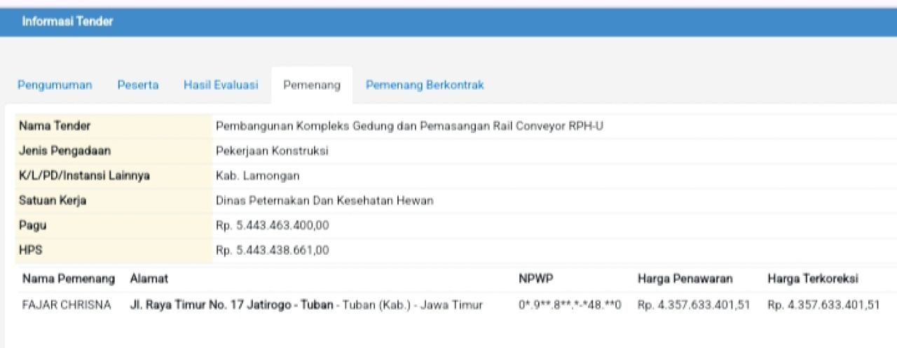 Pemenang tender RPH Unggas Lamongan