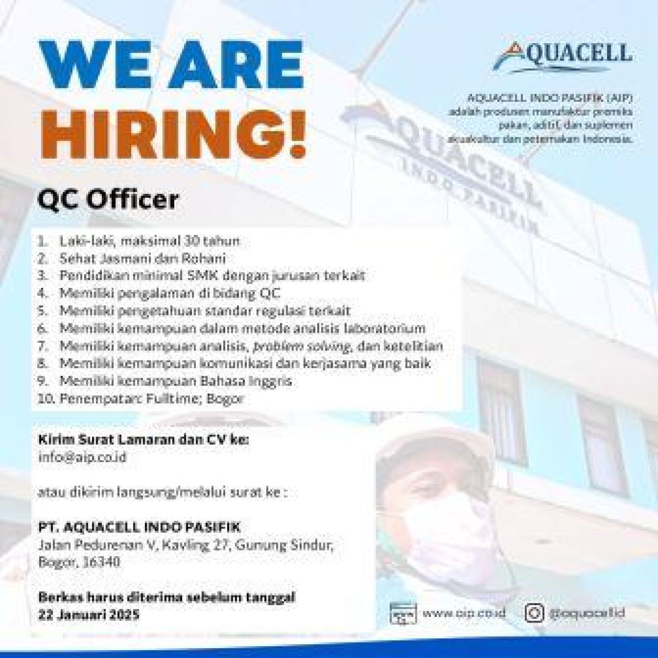 Lowongan Kerja di PT Aqua Cell Indo Pasifik sebagai QC Officer