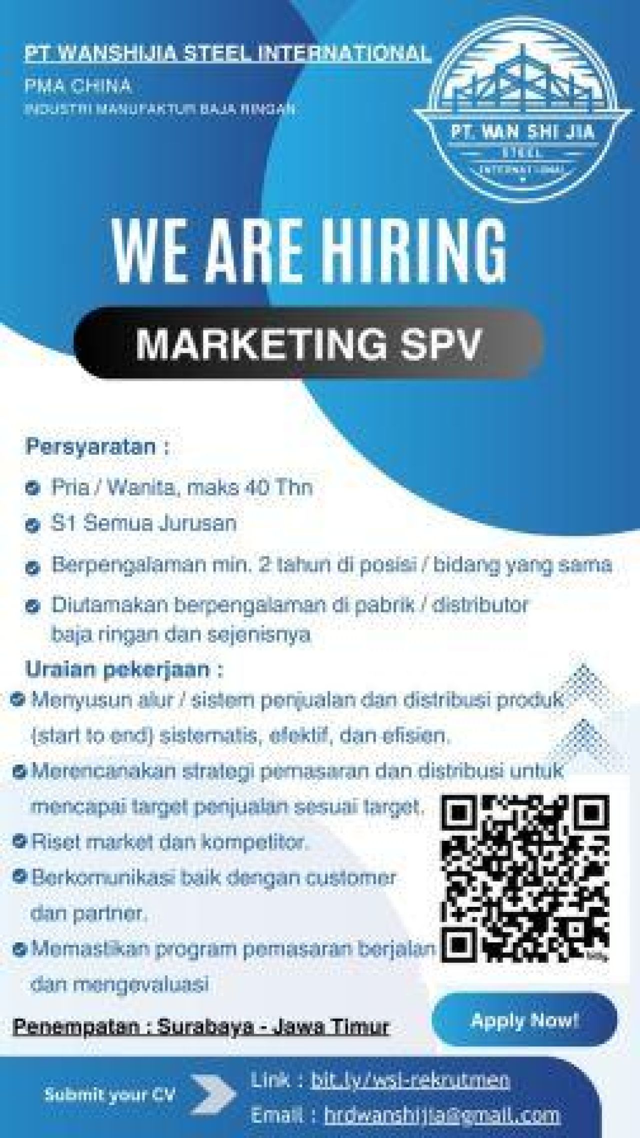 Lowongan Kerja di PT Wanshijia Steel International