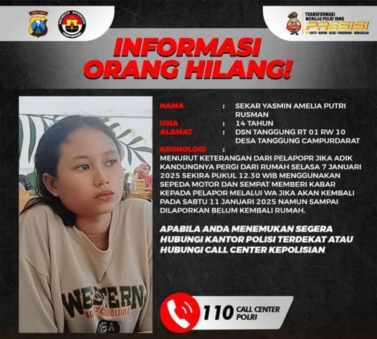 Informasi Orang Hilang Bernama Sekar Yasmin dari Desa Tanggung
