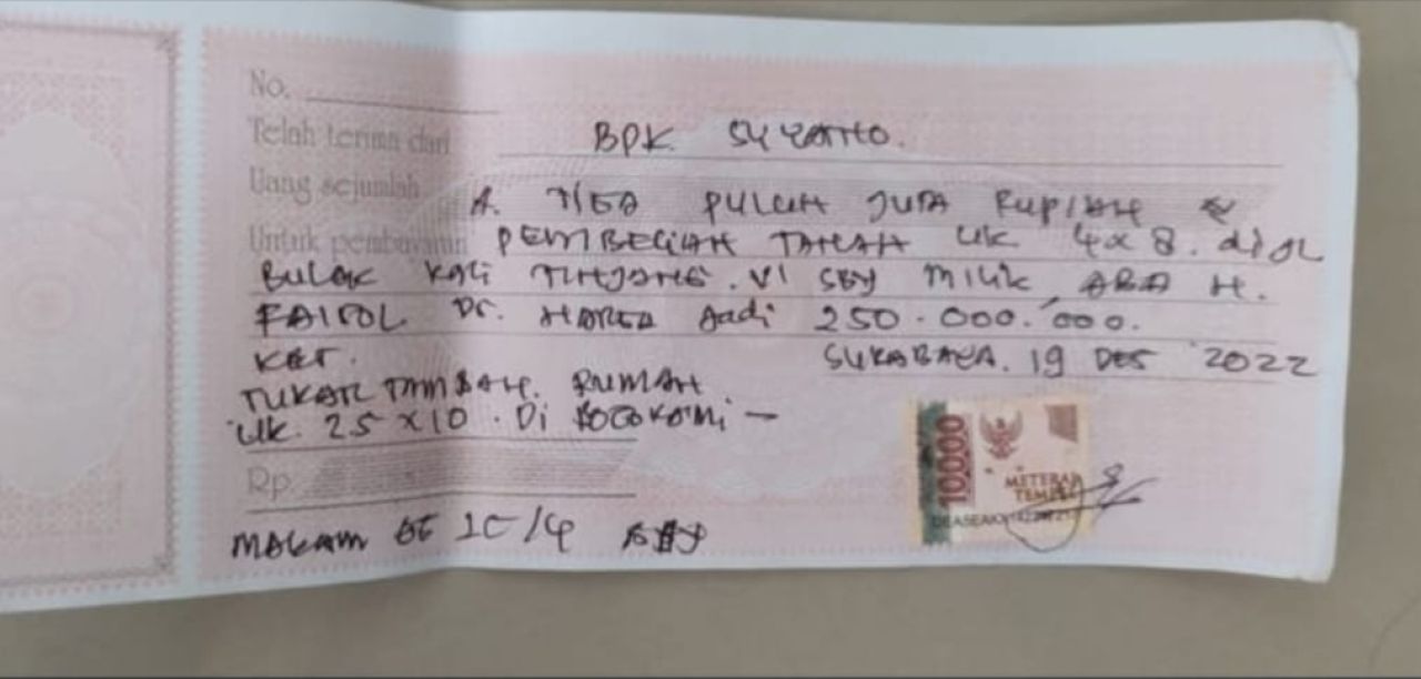 Tanda terima penyerahan surat rumah Letter C yang dikonversi ke uang rupiah Rp 250 juta