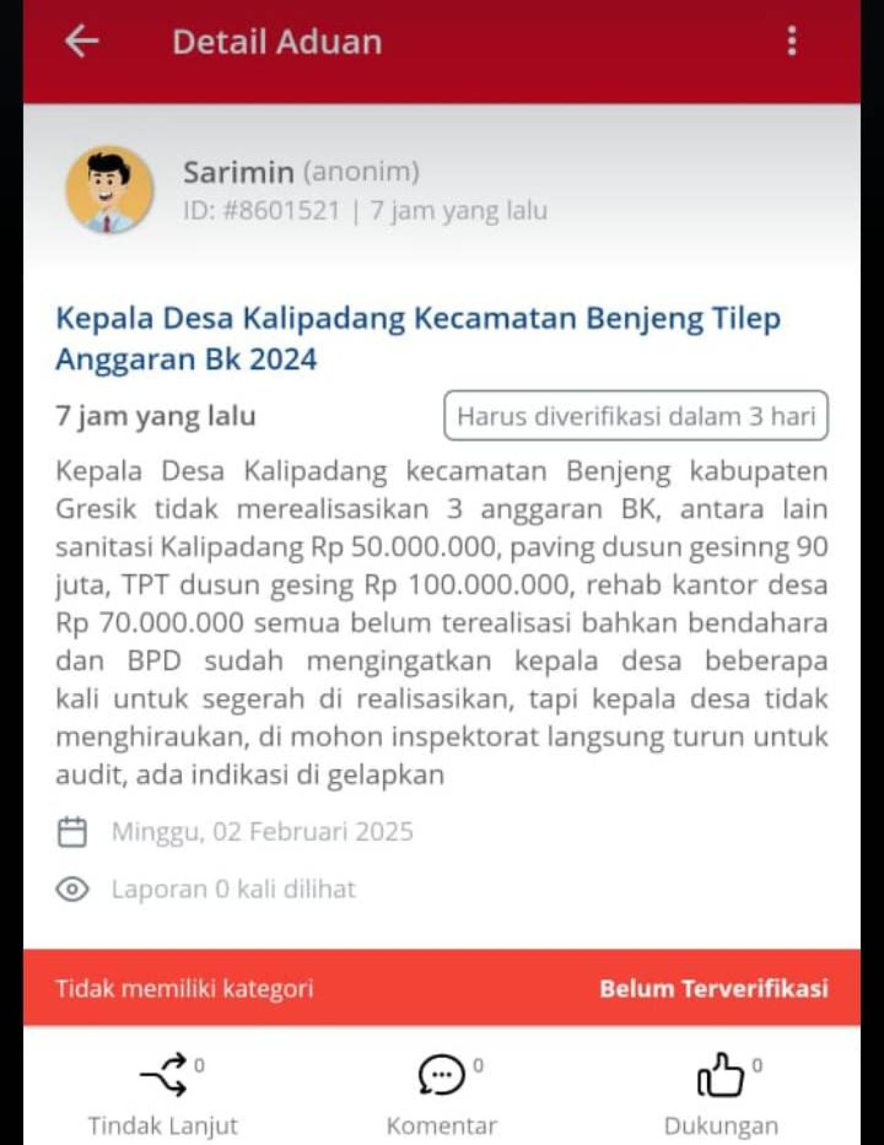 Pengaduan tentang BK di Desa Kalipadang