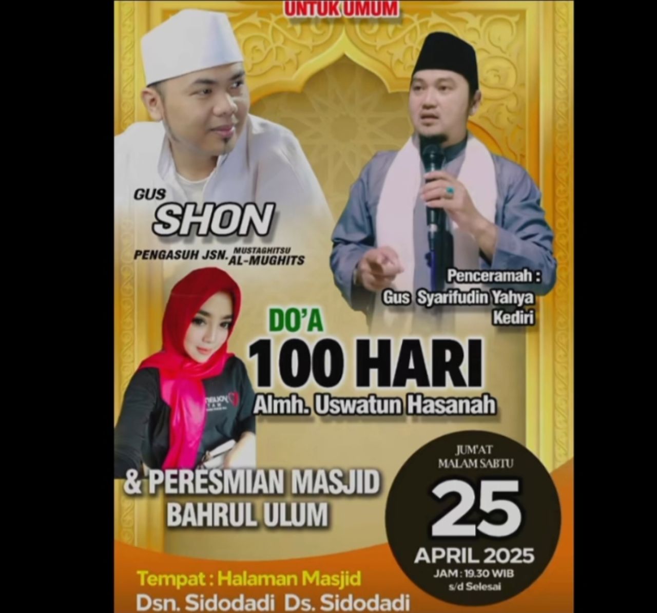 Doa 100 Hari Meninggalnya Uswatun Khasanah akan Dihadiri oleh Gus Shon dari Blitar