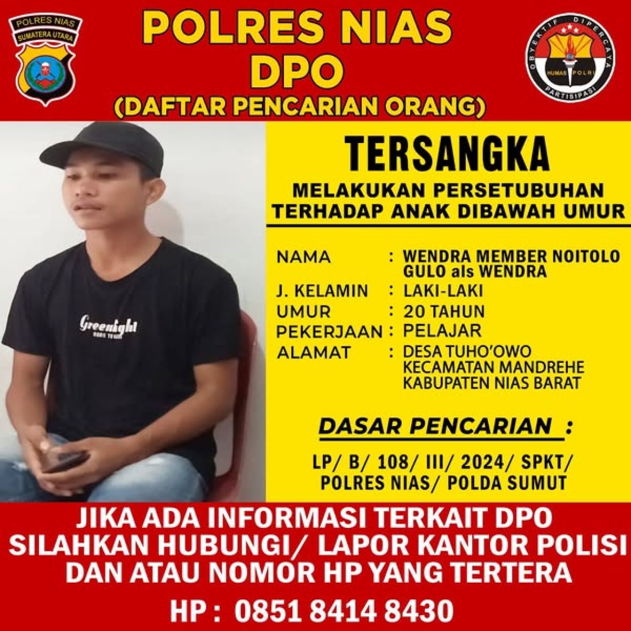 Wendra Member Noitolo Jadi DPO Polres Nias di Kasus Pencabulan