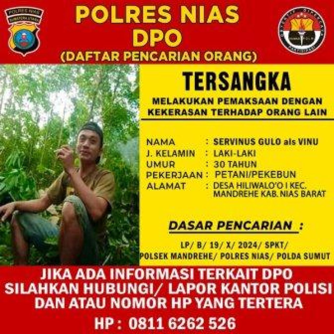 Servinus Gulo Jadi Daftar Pencarian Orang Polres Nias