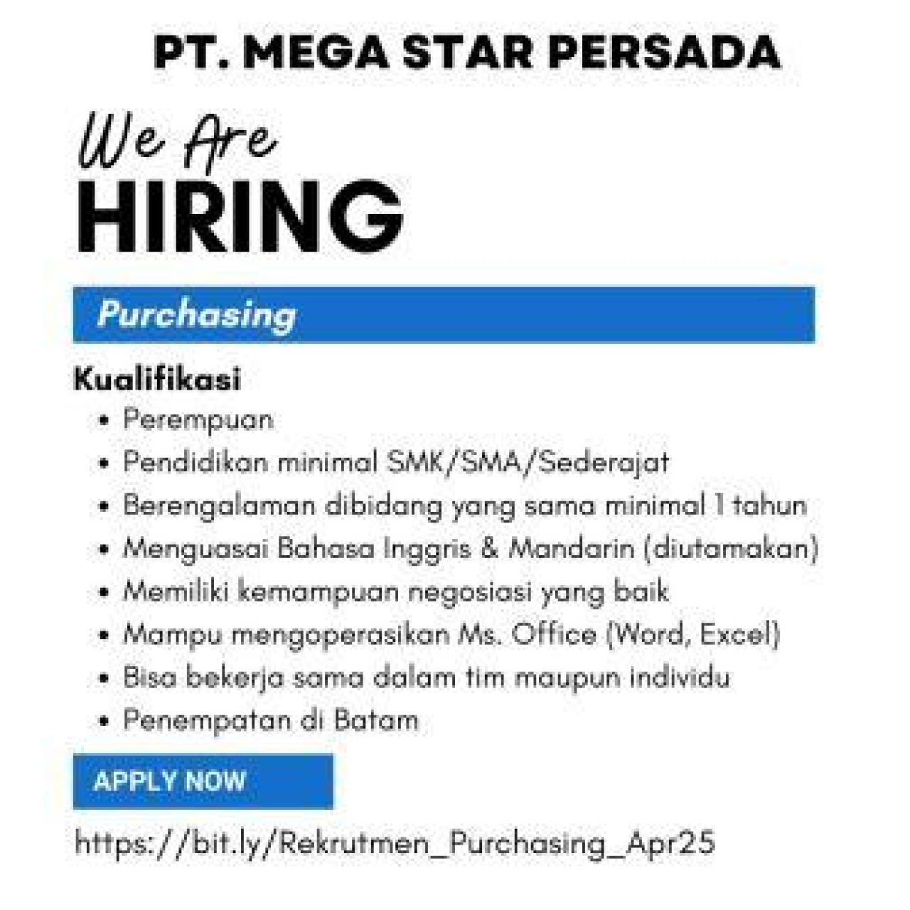 PT Mega Star Persada Buka Lowongan Kerja
