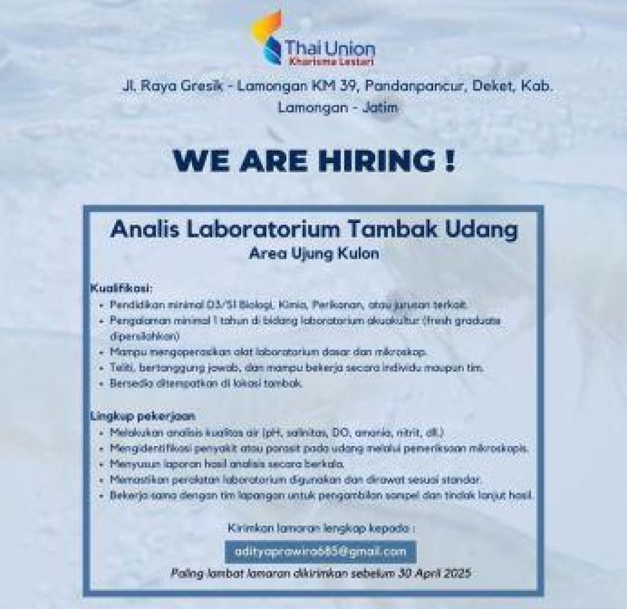 Thai Union Kharisma Lestari Butuh Analis Laboratorium Tambak Udang