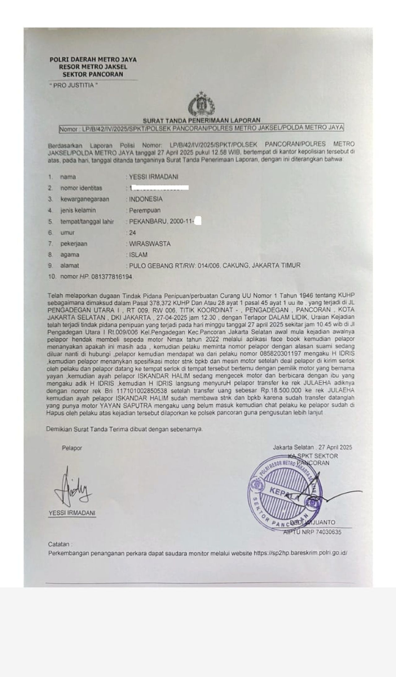 Modus Penjualan Motor di Facebook, Warga Cakung Jadi Korban Penipuan