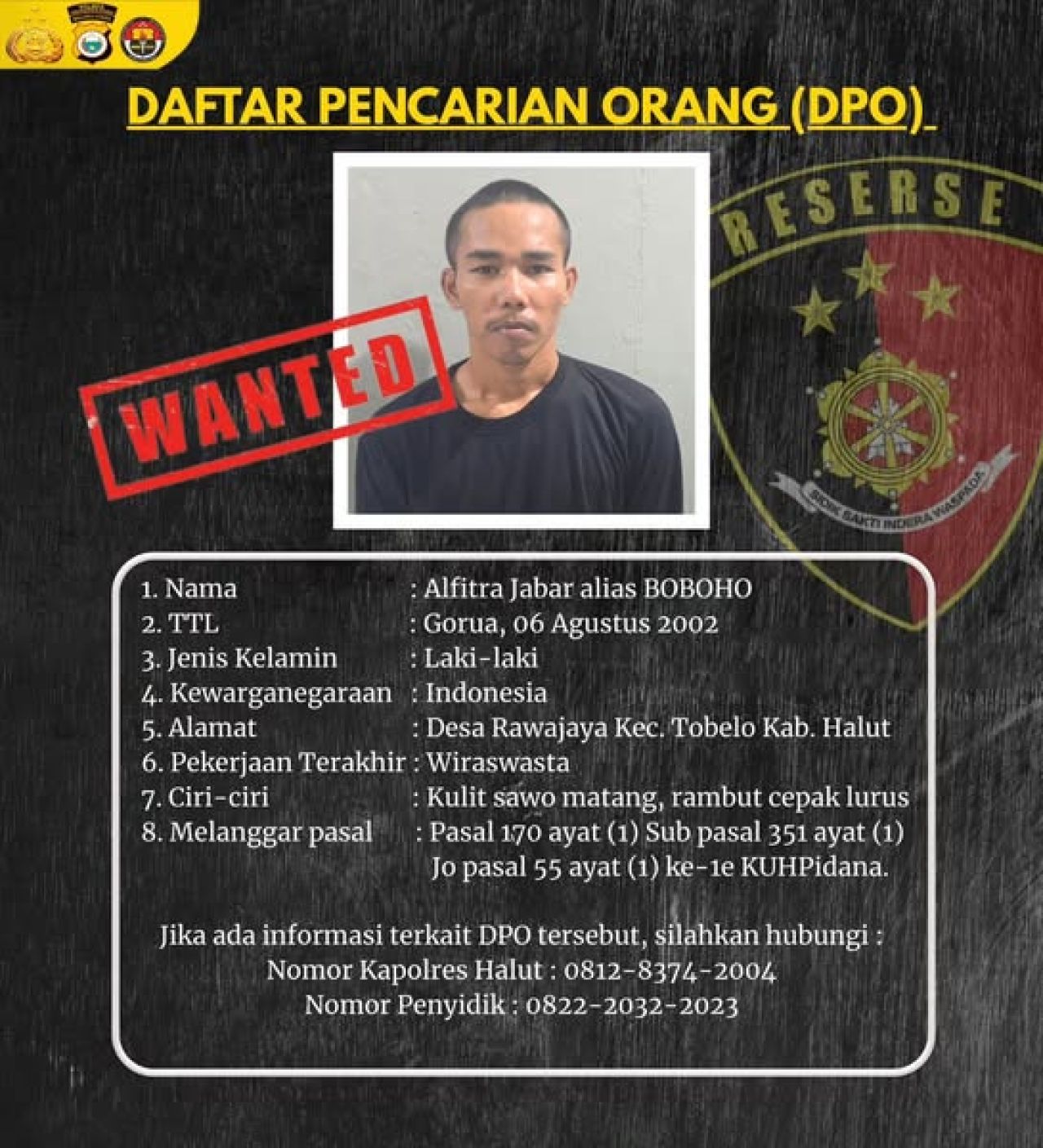 Alfitra Jabar Jadi Daftar Pencarian Orang Polres Halmahera Utara