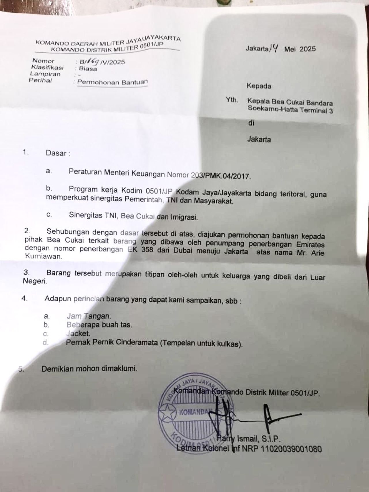 Kontroversi Surat Dandim Jakarta Pusat ke Bea Cukai Bandara Soekarno – Hatta