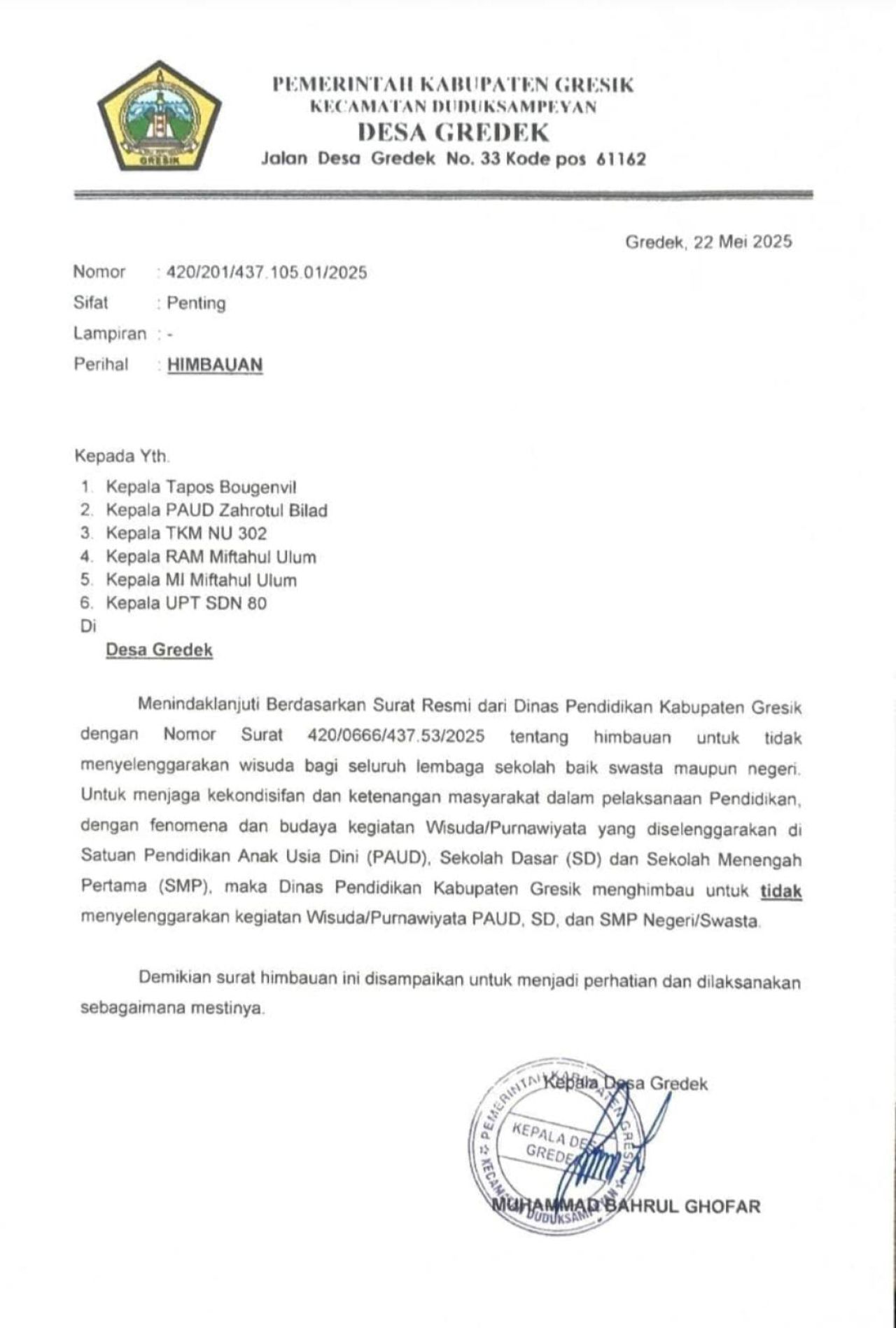 Kepala Desa Gredek Terbitkan Surat Himbauan Tentang Larangan Wisuda