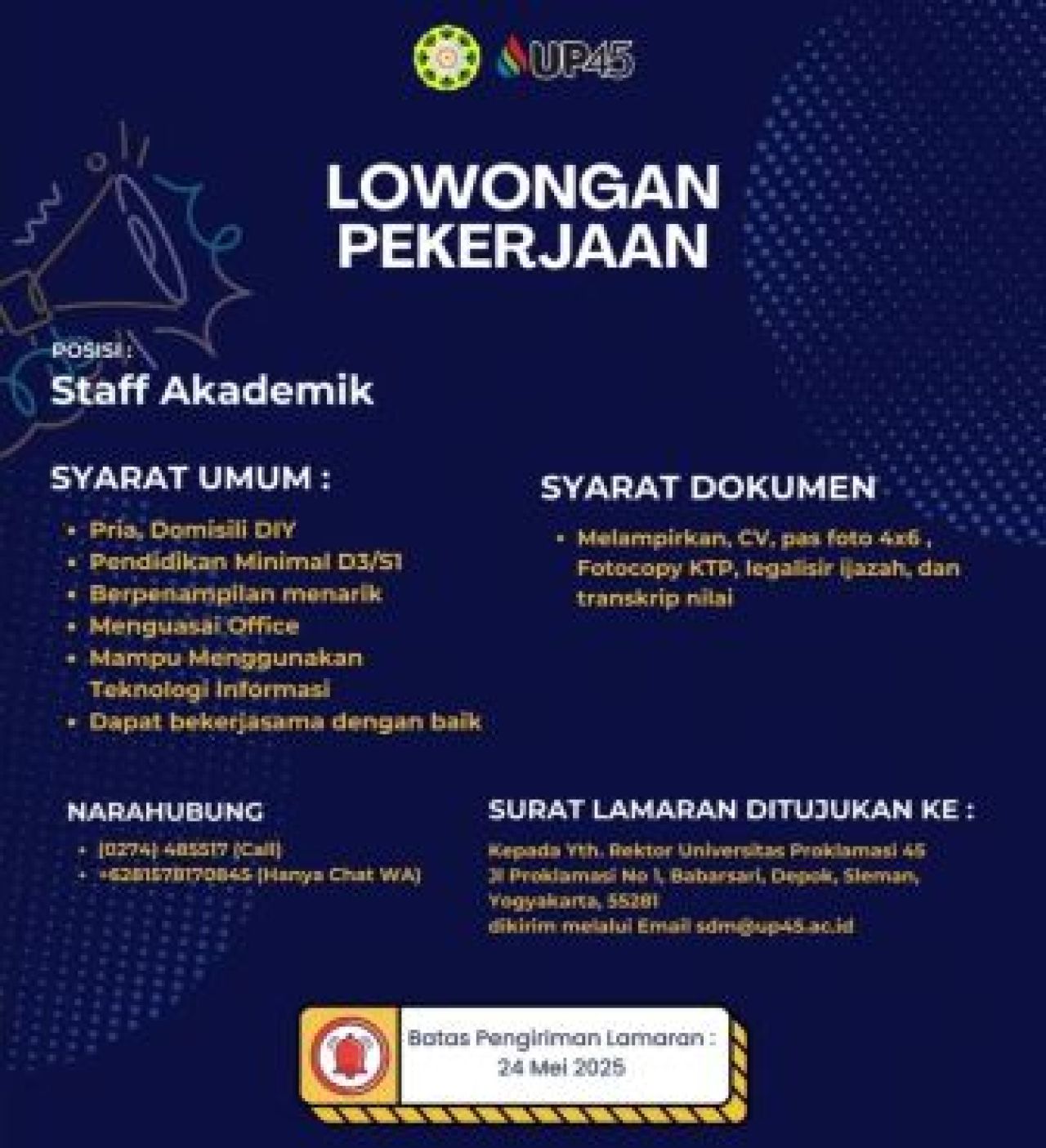 Lowongan Dosen dan Staf Akademik di Universitas Proklamasi 45 Yogyakarta
