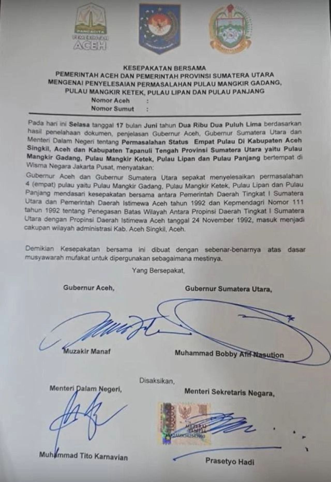 Surat Kesepakatan antara Pemerintah Aceh dan Sumatera Utara