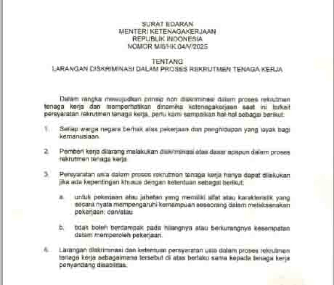 Surat Menteri Ketenagakerjaan Tentang Larangan Diskriminasi Dalam Proses Rekrutmen Tenaga Kerja