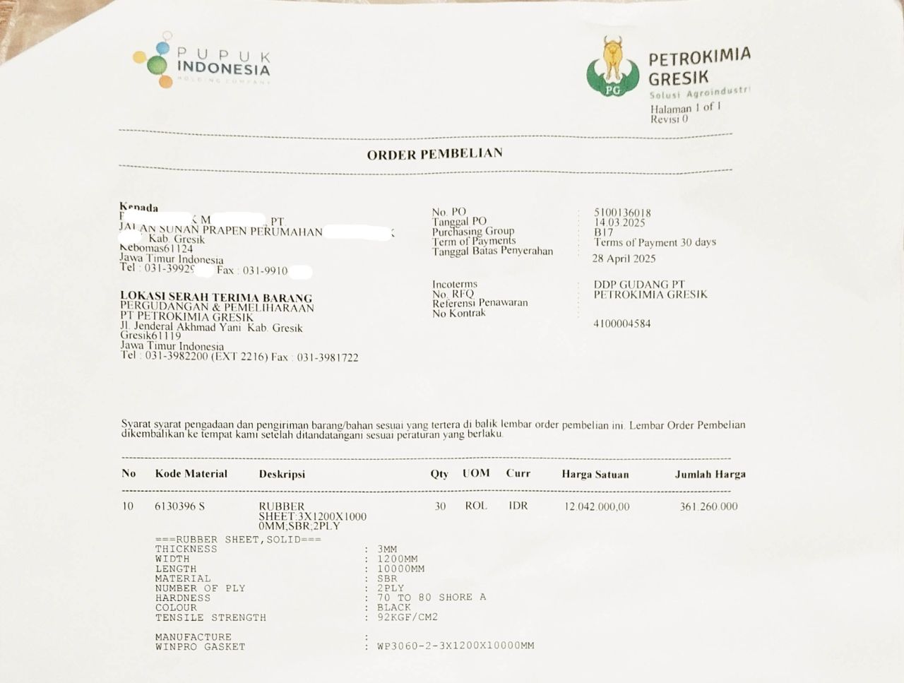 PO dari PT Petrokimia Gresik ditujukan ke PT PMJ