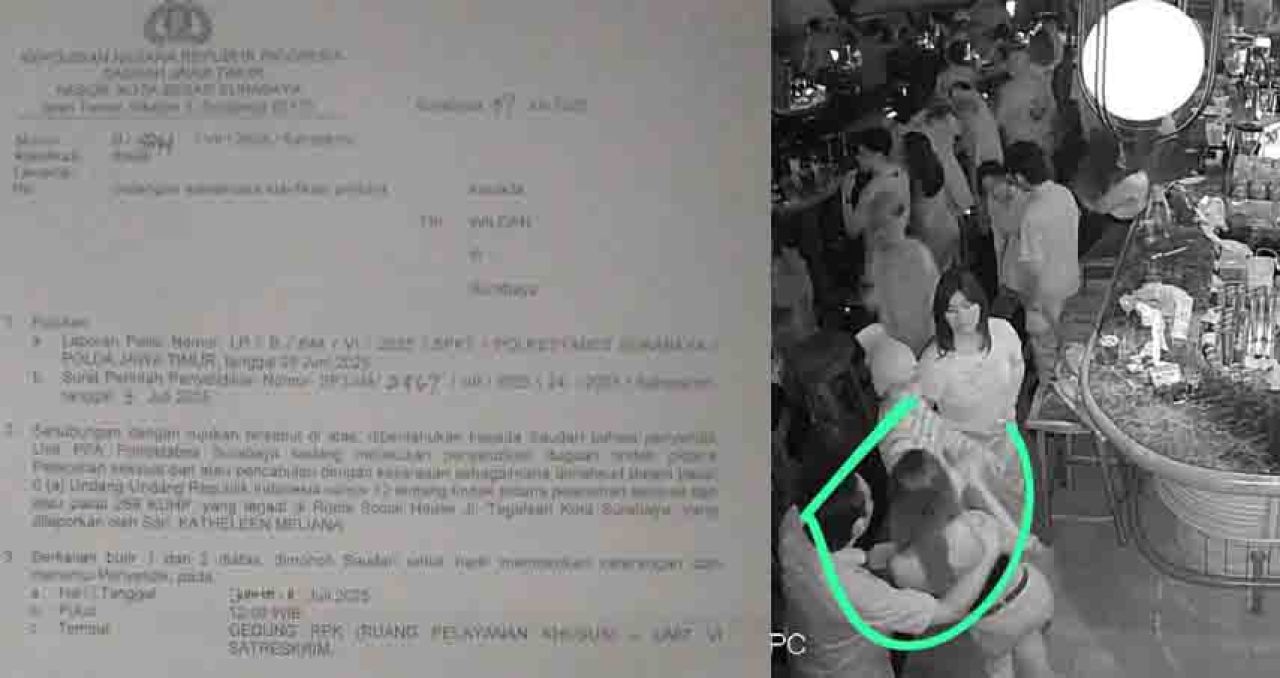 Surat panggilan dari Polrestabes Surabaya. Kanan : tangkapan layar CCTV saat Wildan merangkul KM