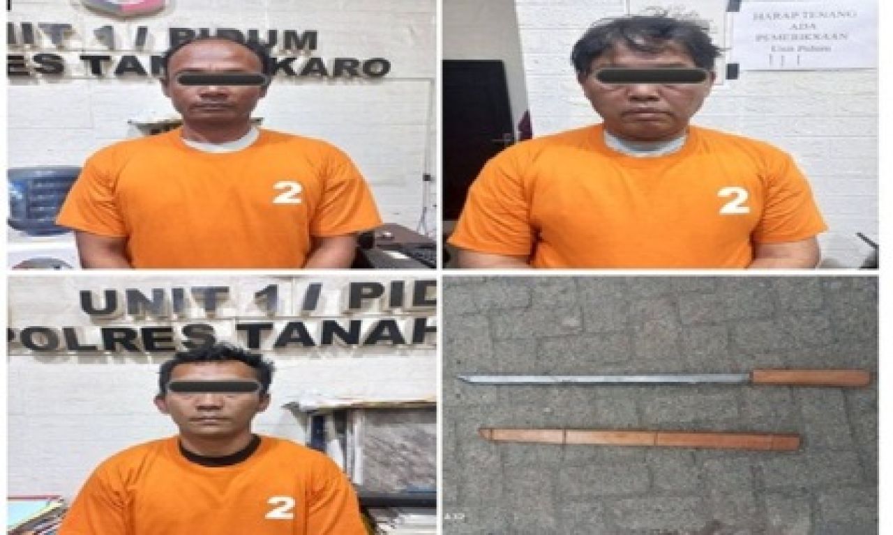 3 oknum Ormas dan barang bukti senjata tajam