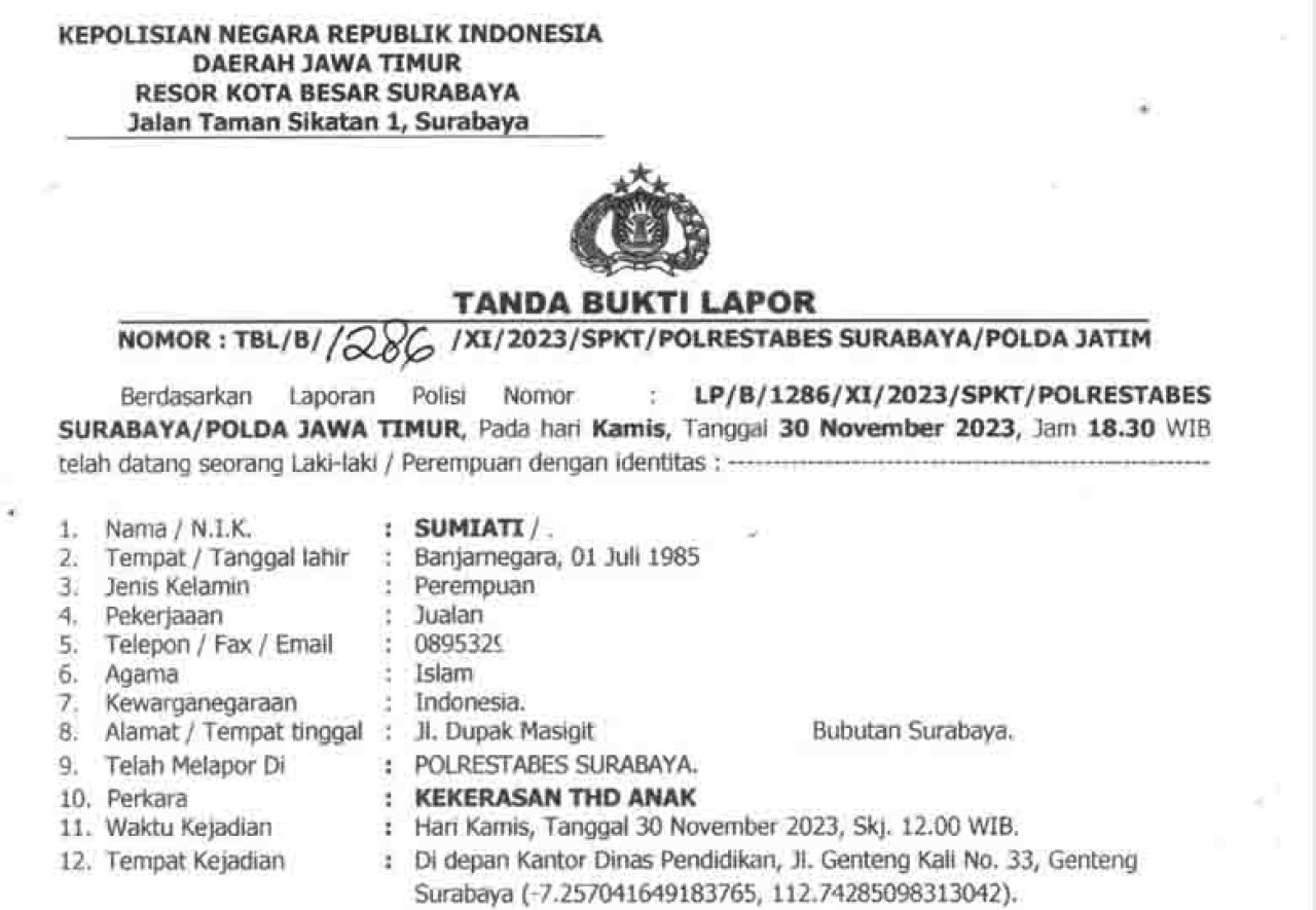 Tanda bukti lapor Sumiati