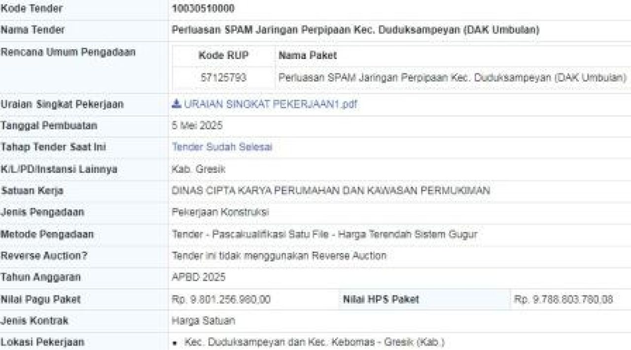 Tender Perluasan SPAM Jaringan Perpipaan Kecamatan Duduksampeyan