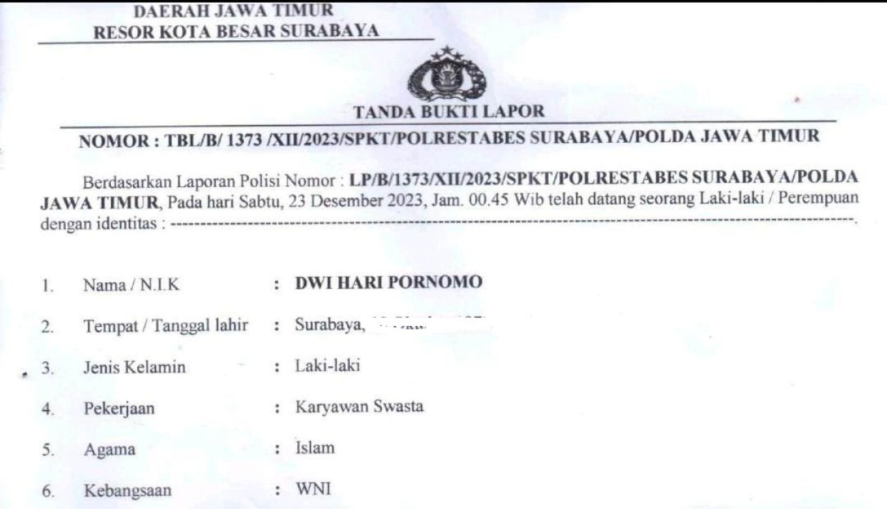Bukti lapor Dwi Hari Pornomo